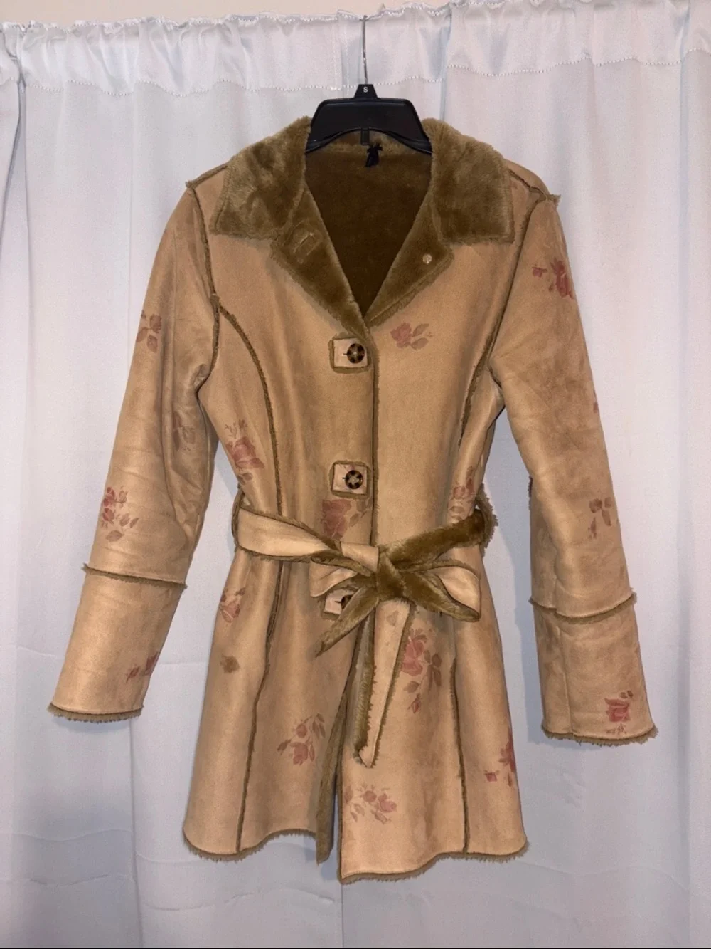 Suede-Style Tan Floral Faux Fur Trim Coat - Picture 1 of 3